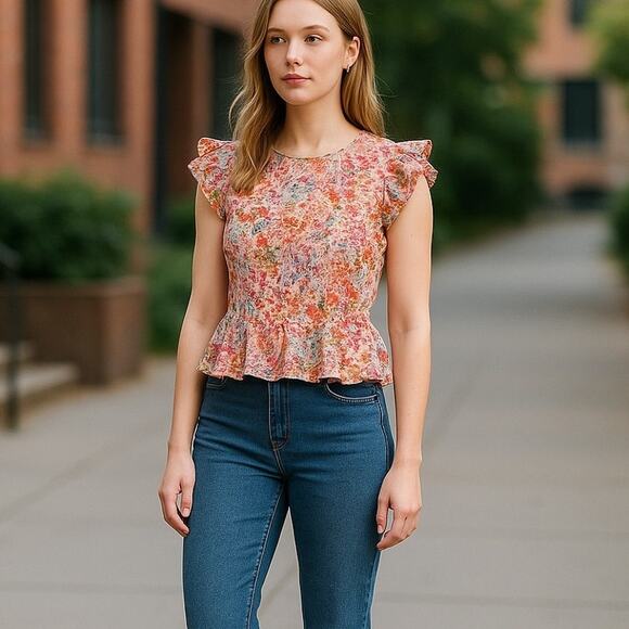 Solitaire Feminine Eyelet Floral Print Flutter Cap Sleeve Top Pink - Picture 1 of 7